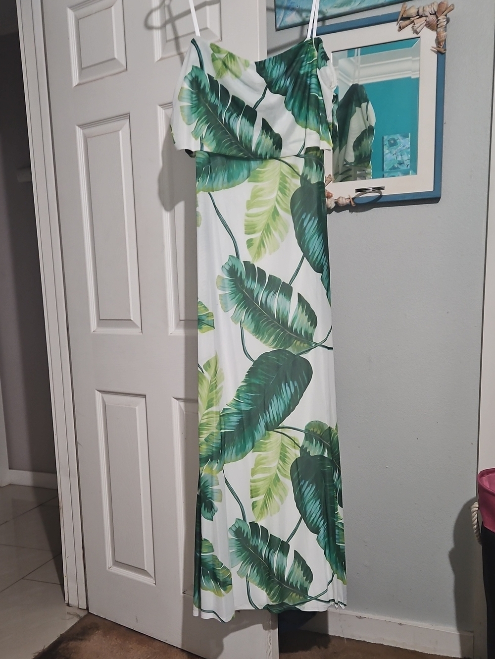 White Maxi Dress with Green Tropical Leaf Print